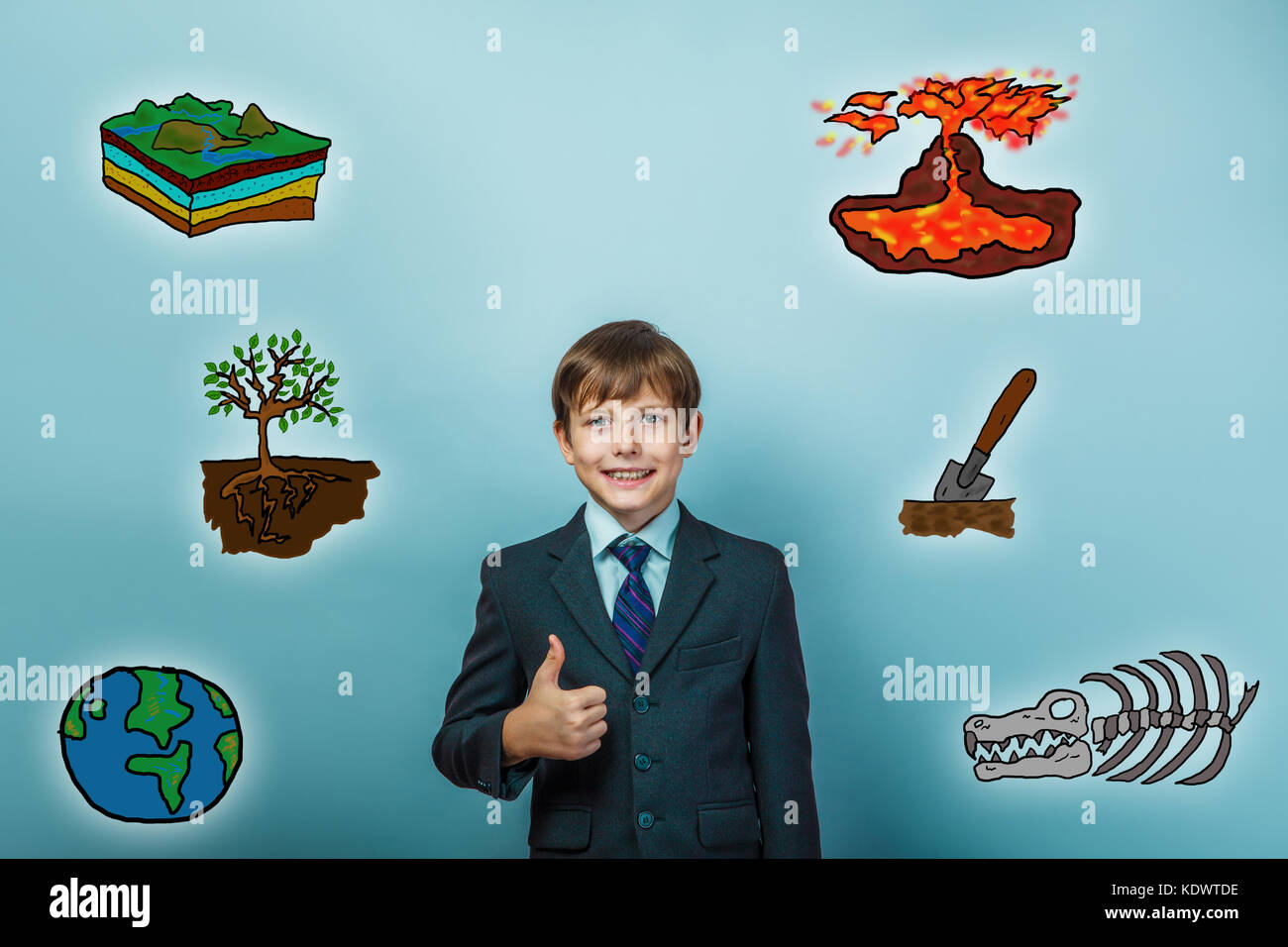 Teen boy imprenditore ridendo e mostrando segno sì geologia scien Foto Stock