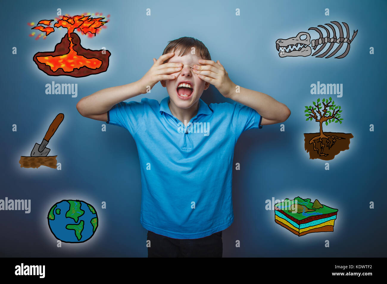 Teen boy urlando le mani sui suoi occhi geologia scienza sketc Foto Stock