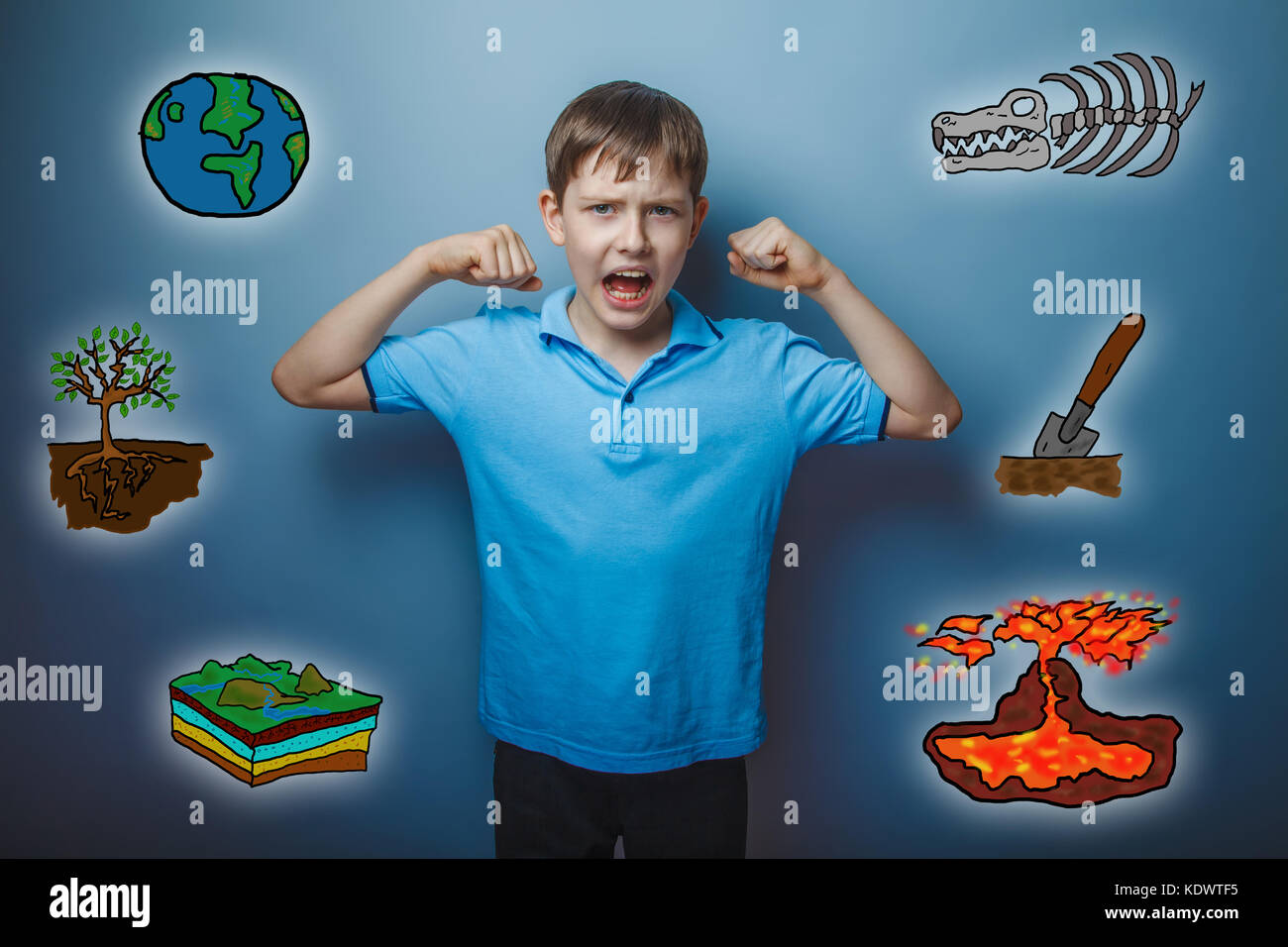 Teen boy urlando che mostrano la potenza bracci rabbia geologia scienza sket Foto Stock
