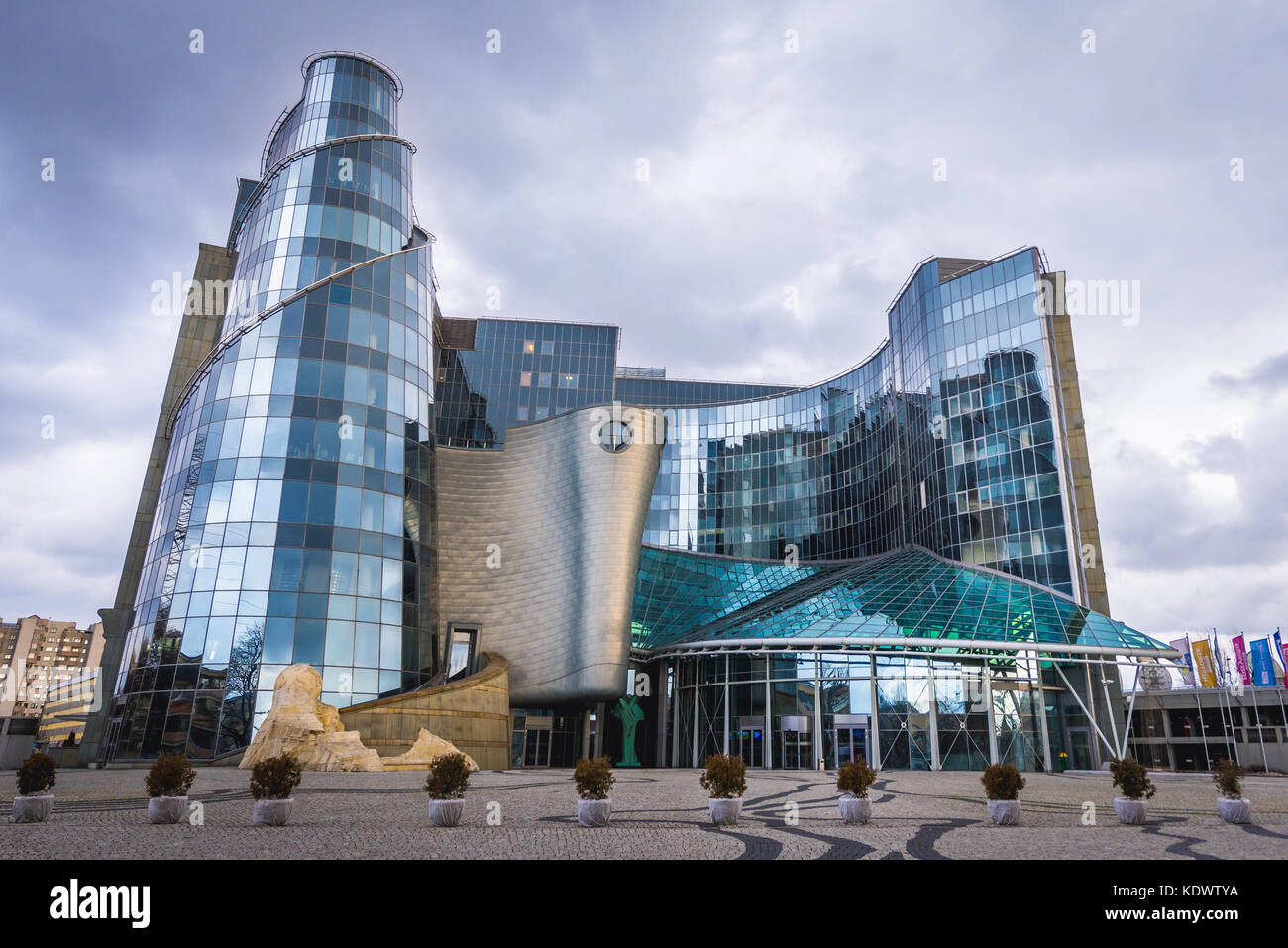 Sede principale della televisione polacca (Telewizja Polska - TVP), società di radiodiffusione pubblica su Woronicza Street a Varsavia, Polonia Foto Stock