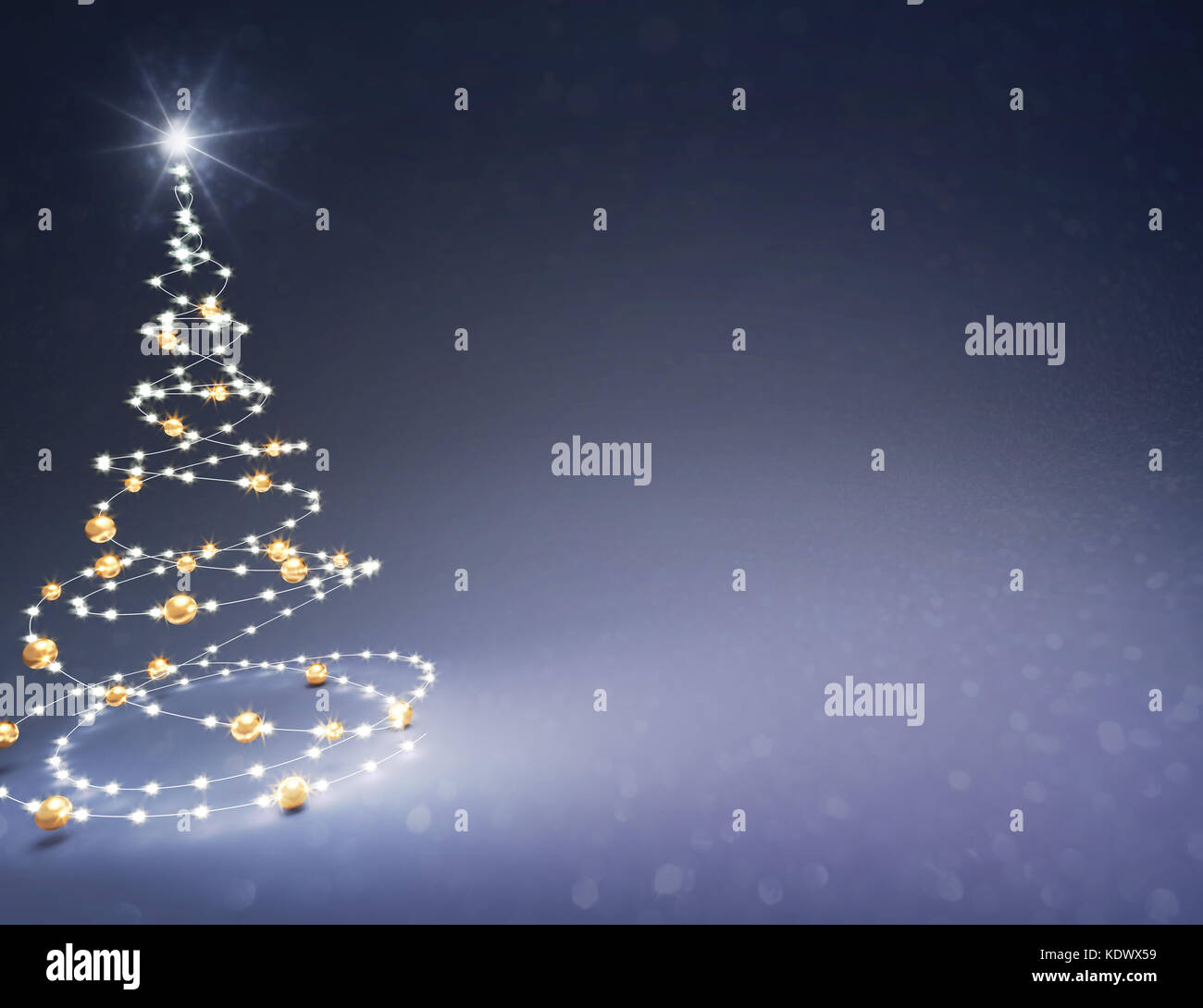 Albero di natale illustrato con le stringhe di luce e oro palle di Natale su una scintillante sfondo nero - 3d illustrazione Foto Stock