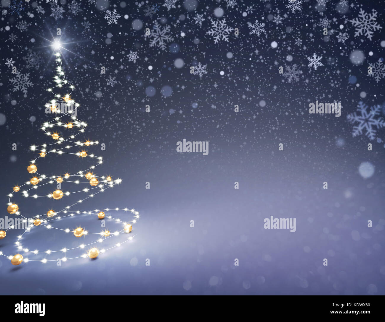 Albero di natale illustrato con le stringhe di luce e oro palle di Natale su un innevate sullo sfondo nero - 3d illustrazione Foto Stock