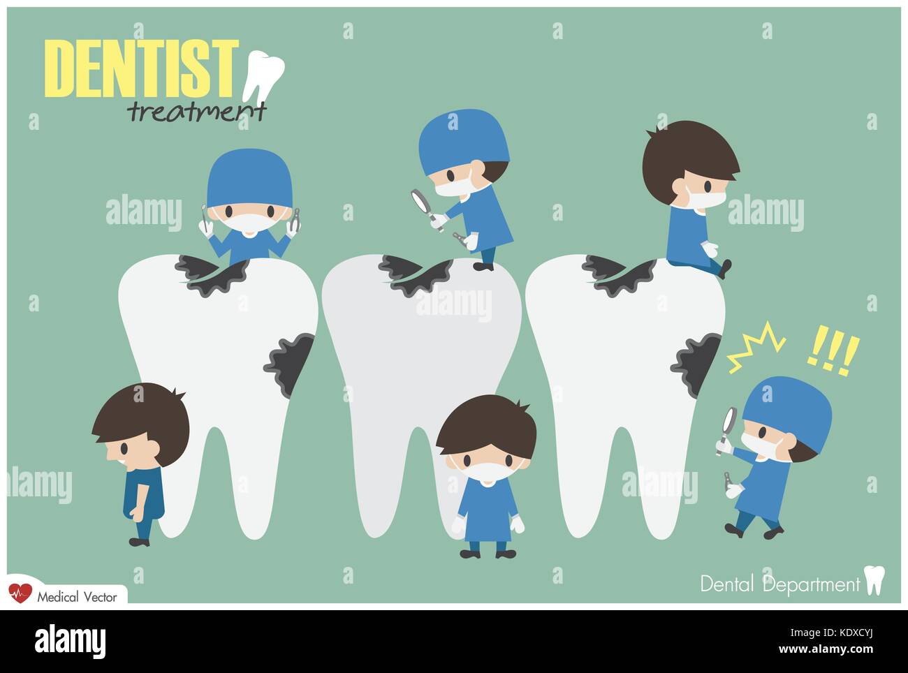 Dentisti controllare i tuoi denti e cercare la carie dentale . vector . design piatto . Illustrazione Vettoriale