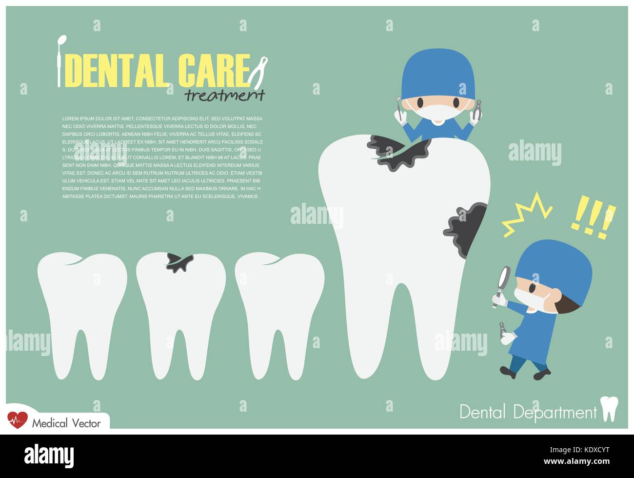 Dentista tenere la lente di ingrandimento per cercare la carie dentale e spaventare perché è grande cavità dentale . vector . design piatto . Illustrazione Vettoriale