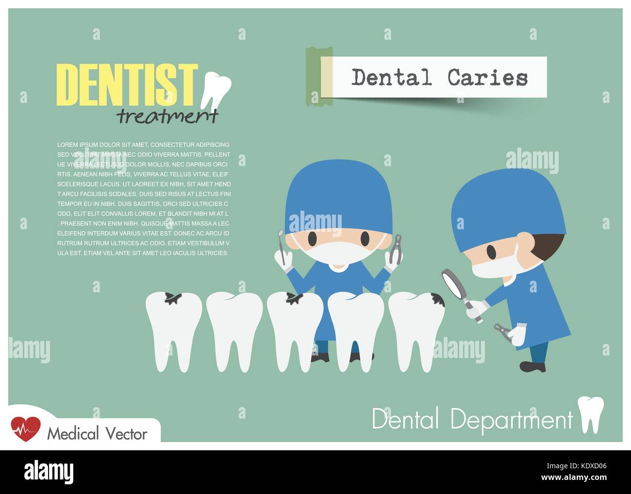 Dentista controllare i tuoi denti e cercare la carie dentale . vector . design piatto . Illustrazione Vettoriale