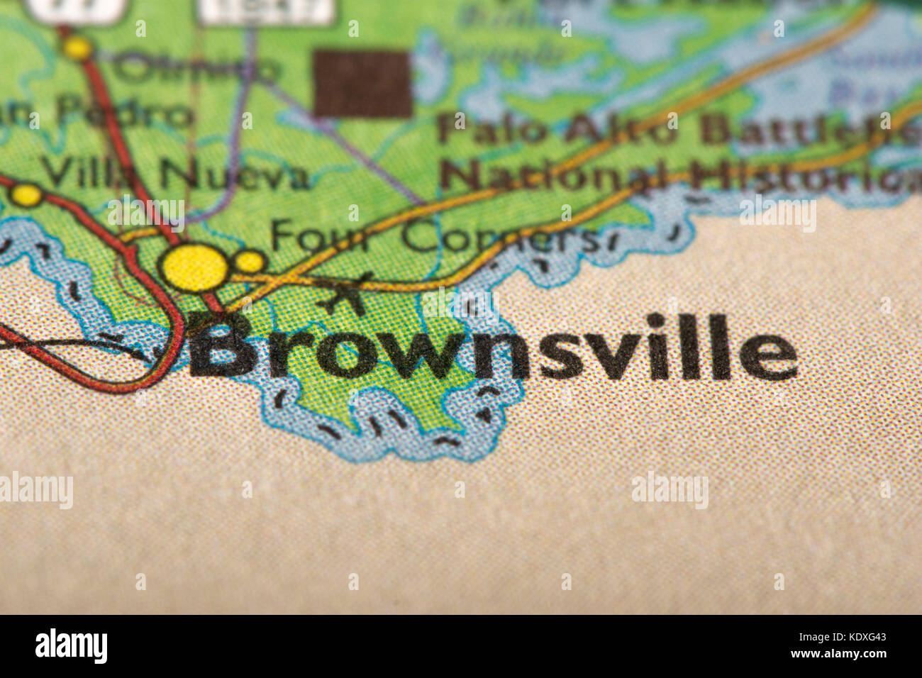Primo piano di Brownsville, Texas, su una mappa politica degli Stati Uniti. Foto Stock