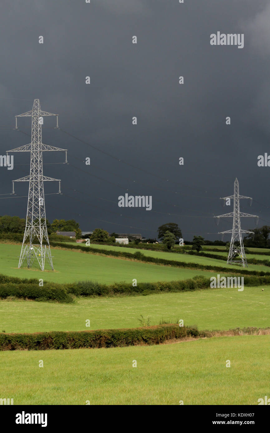 Rete di distribuzione di energia elettrica Irlanda del Nord linee elettriche aeree rurali illuminate dal sole e piloni nella contea di Armagh, Foto Stock