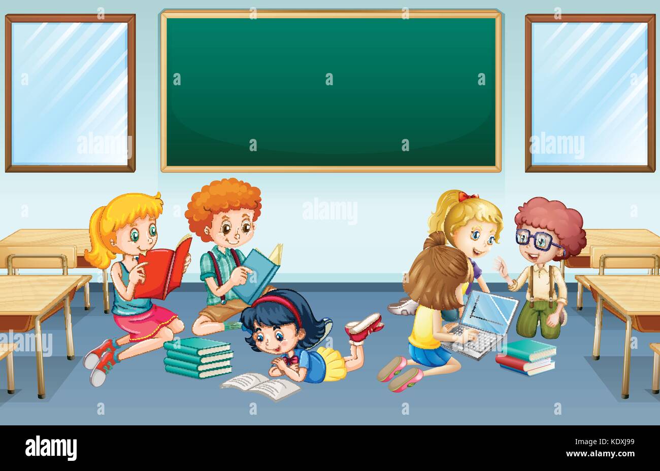 Molti bambini di lettura e di lavoro in gruppo a scuola illustrazione