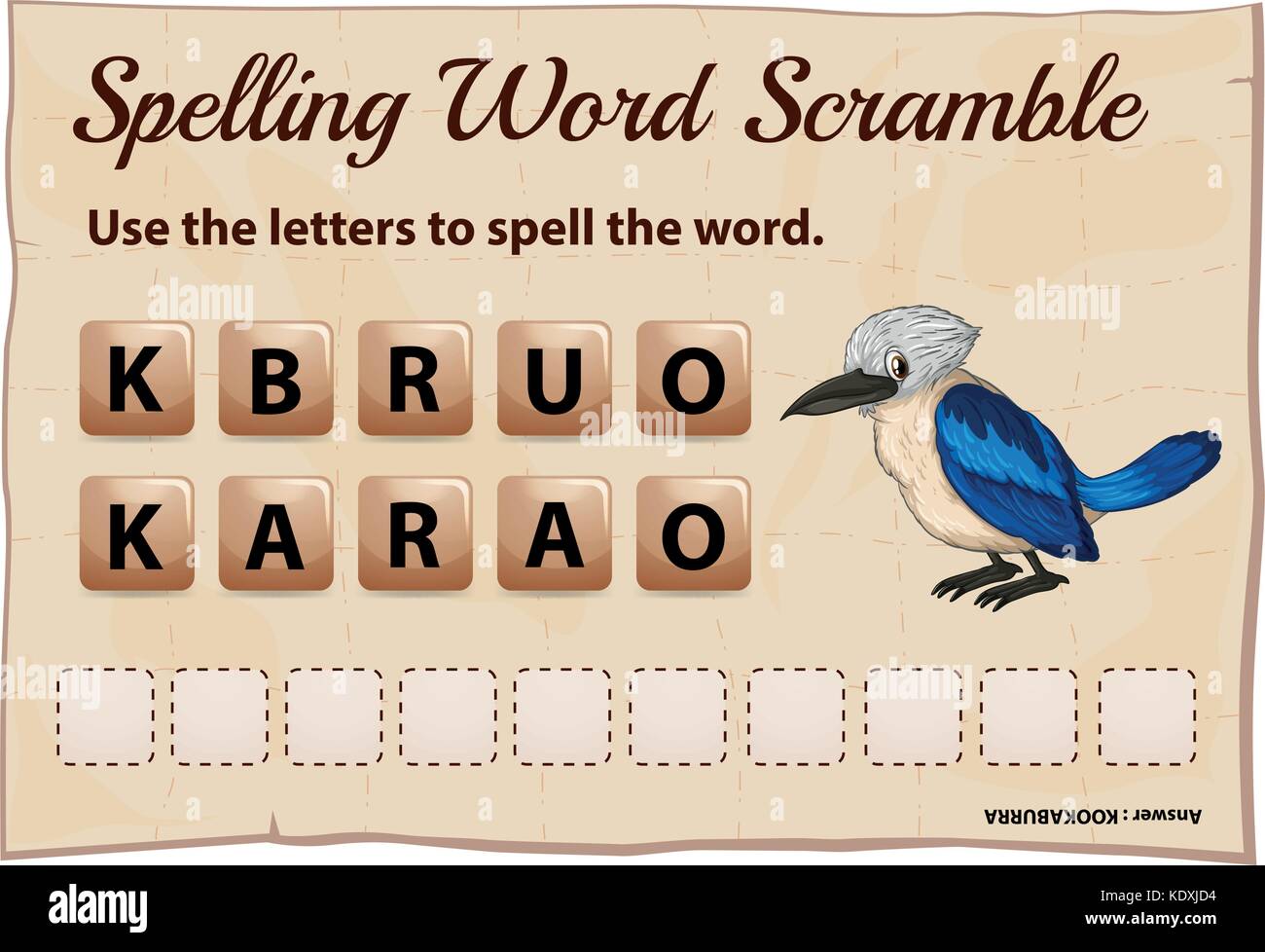 Parola di ortografia scramble per word kookabura illustrazione Illustrazione Vettoriale