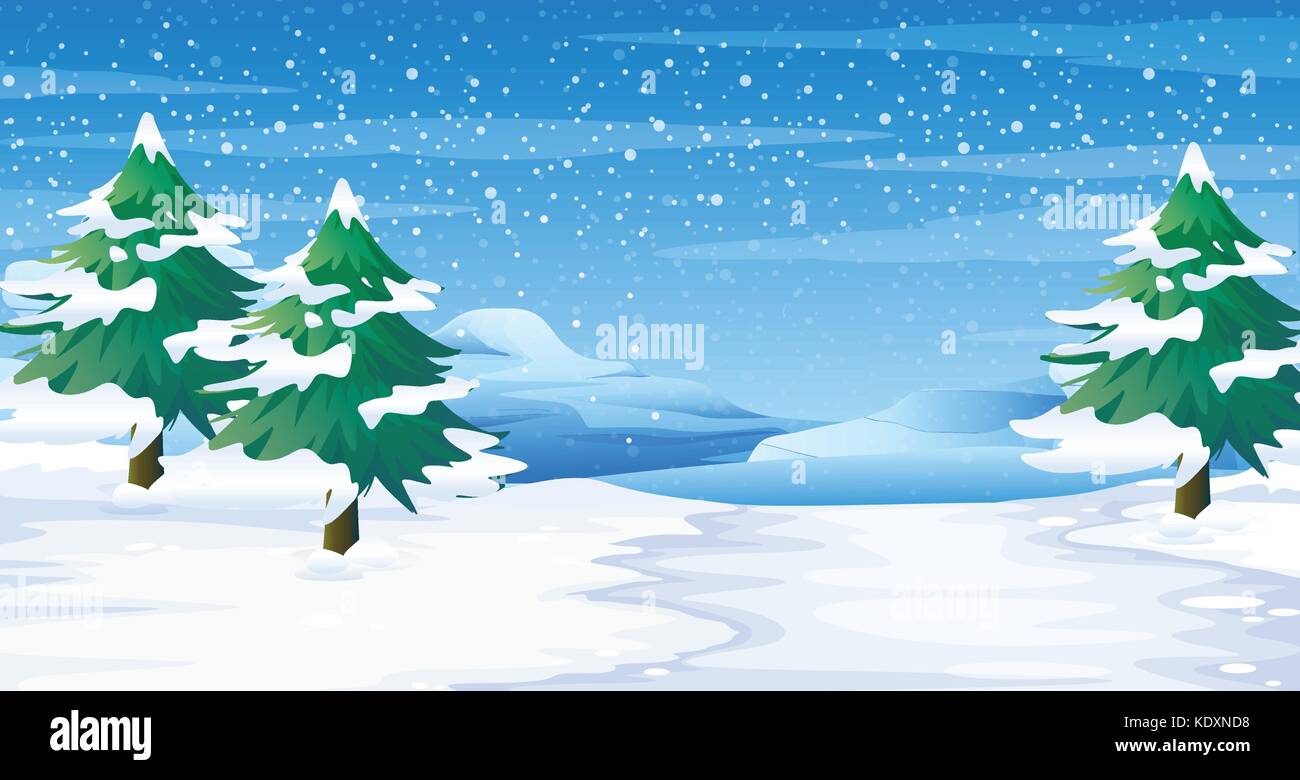 In scena con la neve sulla terra e alberi illustrazione Illustrazione Vettoriale