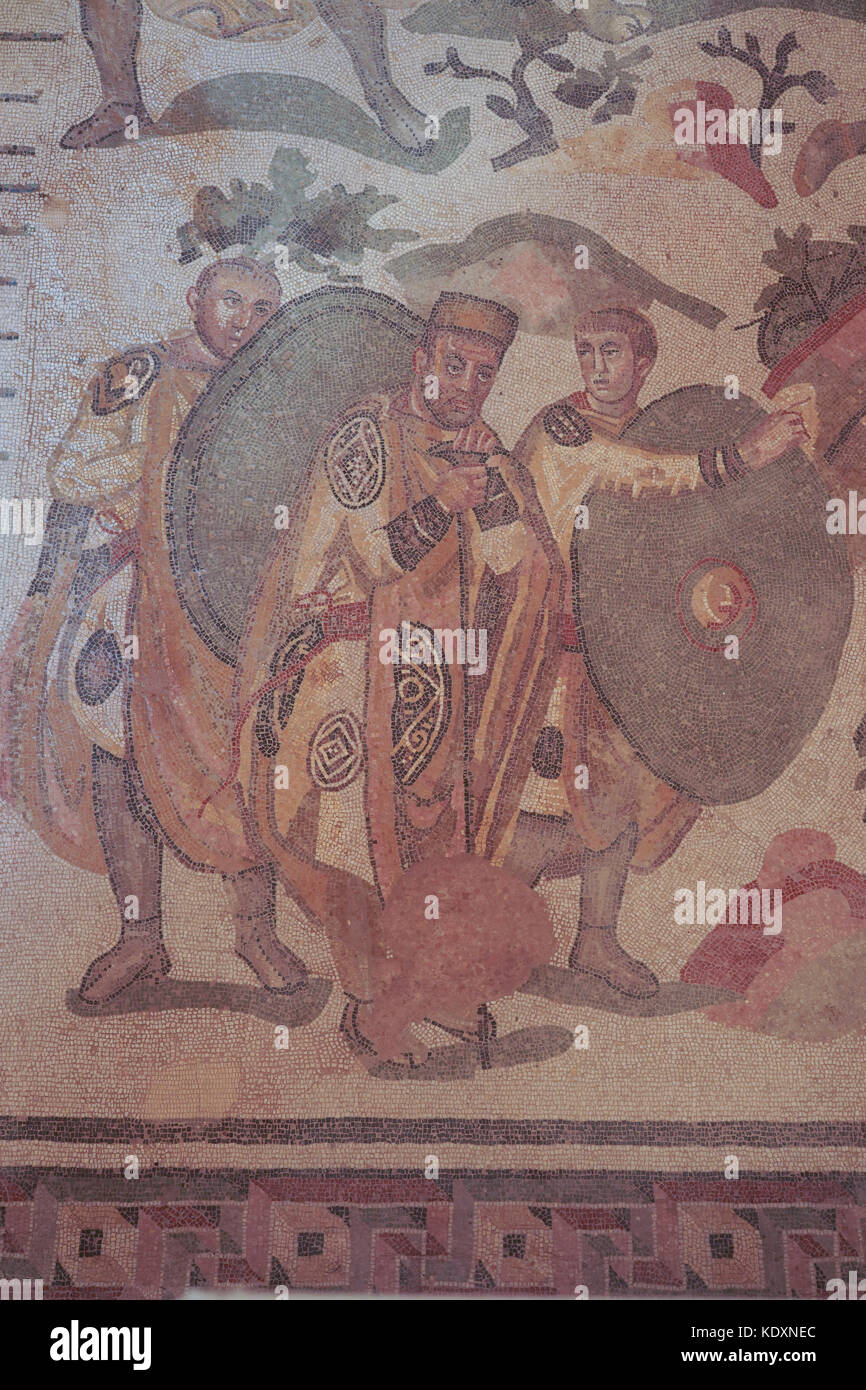 Una vista di mosaici romani da una collezione considerate essere le migliori nel mondo a piazza armerina. da una serie di foto di viaggio in Sicilia, Italia Foto Stock