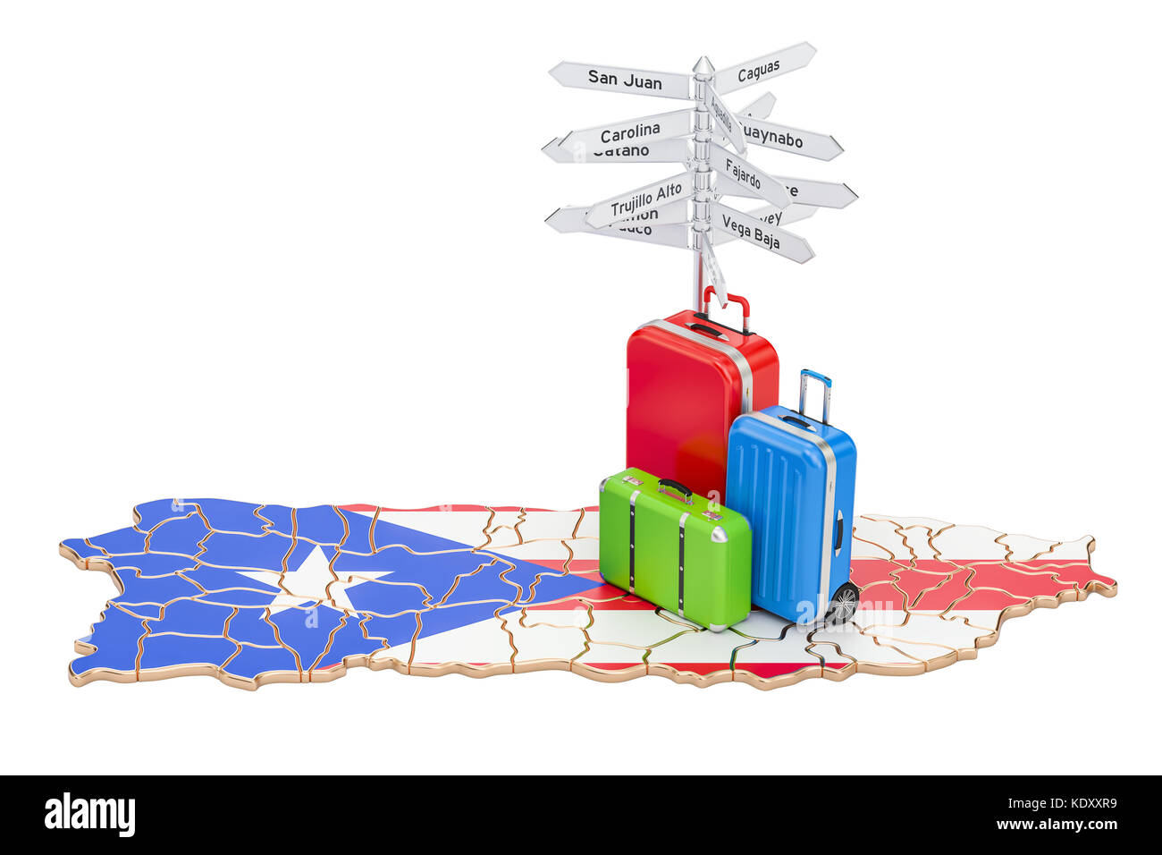 Puerto Rico concetto di viaggio. Mappa con le valigie e segnaletica, rendering 3D Foto Stock