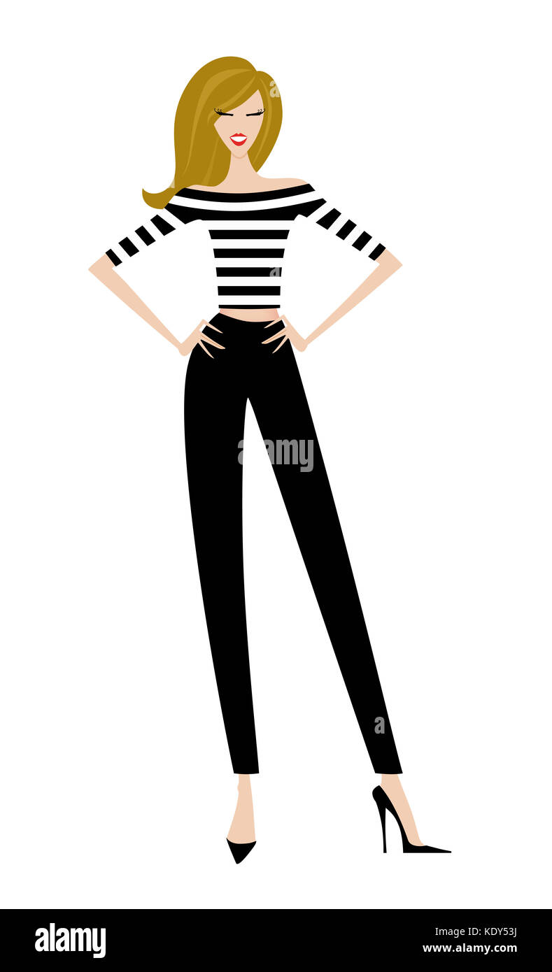 Illustrazione di moda di un simpatico trendy giovane donna con un grande sorriso in mutande e tacchi alti Foto Stock