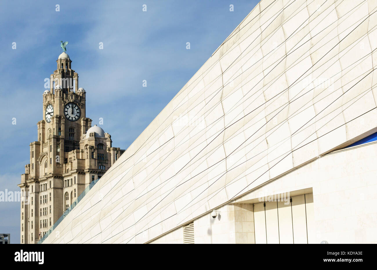Pier Head, Liverpool, Regno Unito. Il Royal Liver Building (1911) visto sopra il tetto del Museo di Liverpool (2011) sul fiume Mersey waterfront Foto Stock