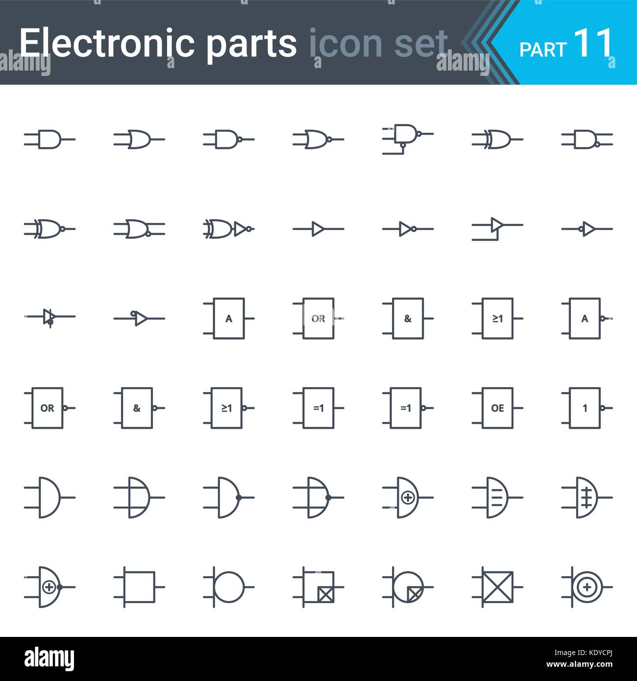Vettore completo set di elettrico e lo schema di circuito elettronico i simboli e gli elementi - elettronica digitale, porta logica (ansi system, sistema britannico Illustrazione Vettoriale