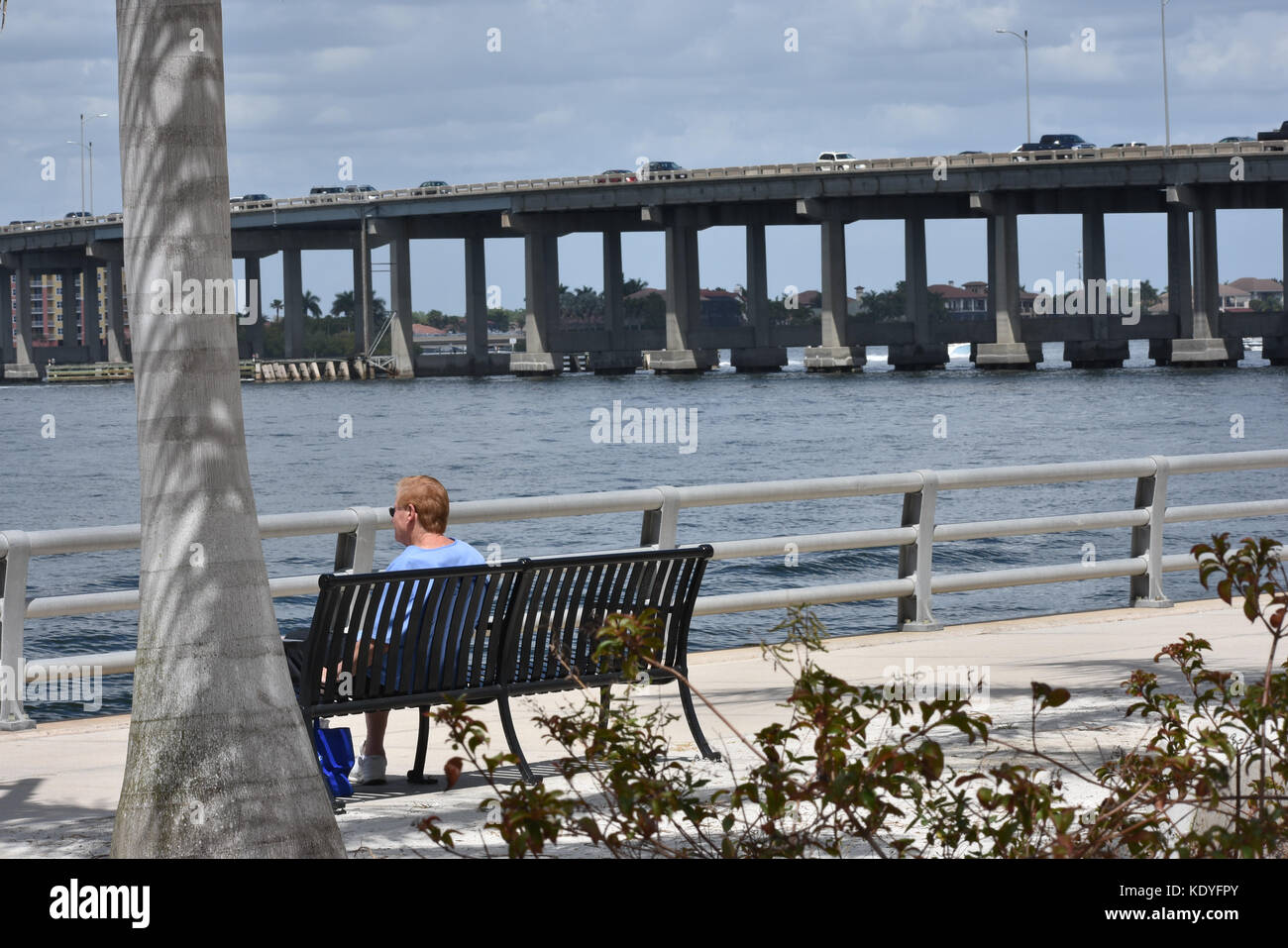 Uomo seduto sul banco a riverwalk affacciato sul fiume Manatee in Bradenton Florida Foto Stock