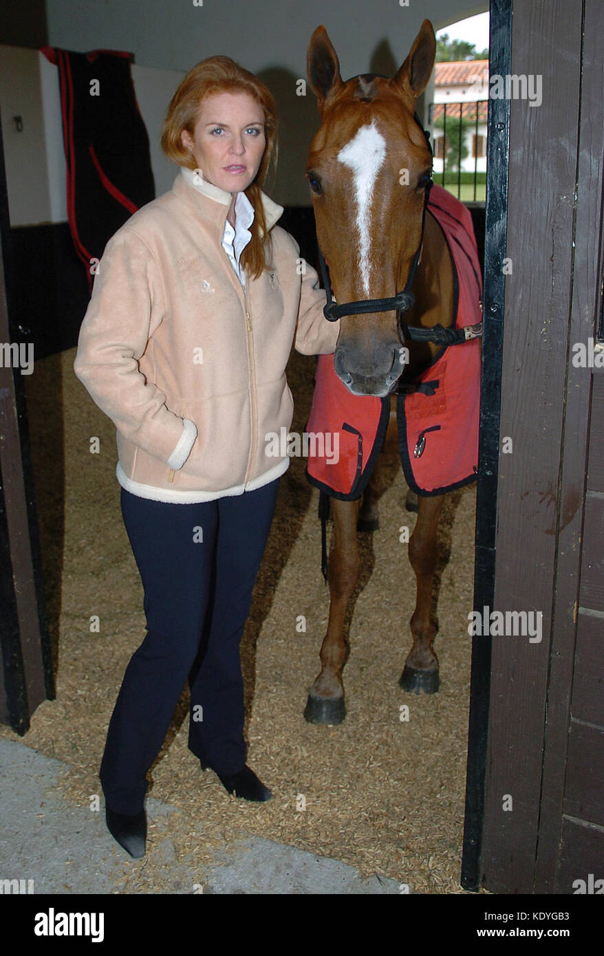 Wellington, FL-05 FEBBRAIO; (COPERTURA ESCLUSIVA) Sarah Ferguson Duchess di York gode di una giornata con Oscar Bermudz al Palm Beach Polo e Country Club di Wellington, Florida. Febbraio 05, 2005. Miami Beach, Florida People: Sarah Ferguson Duchessa di York Transmission Ref: FLXX Credit: Hoo-Me.com/MediaPunch ***NO UK*** Foto Stock