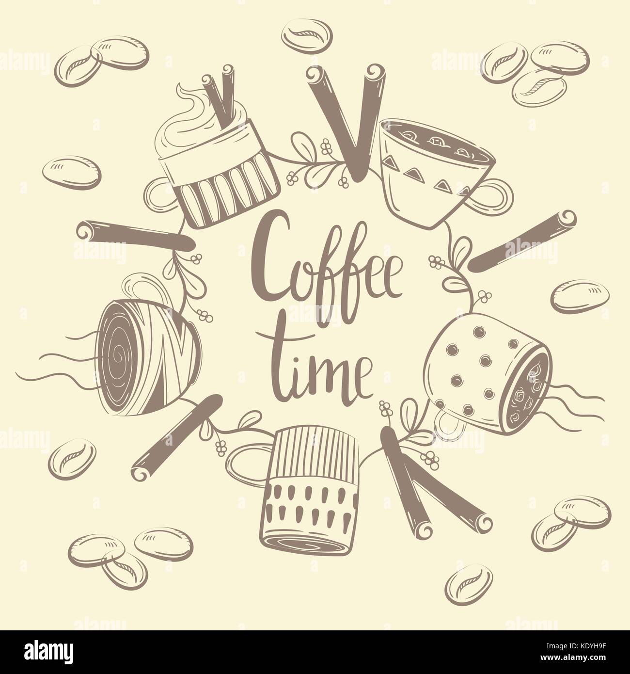 Tazze caffè. cerchio concetto con i chicchi di caffè e cannella. caffè testo di tempo Illustrazione Vettoriale