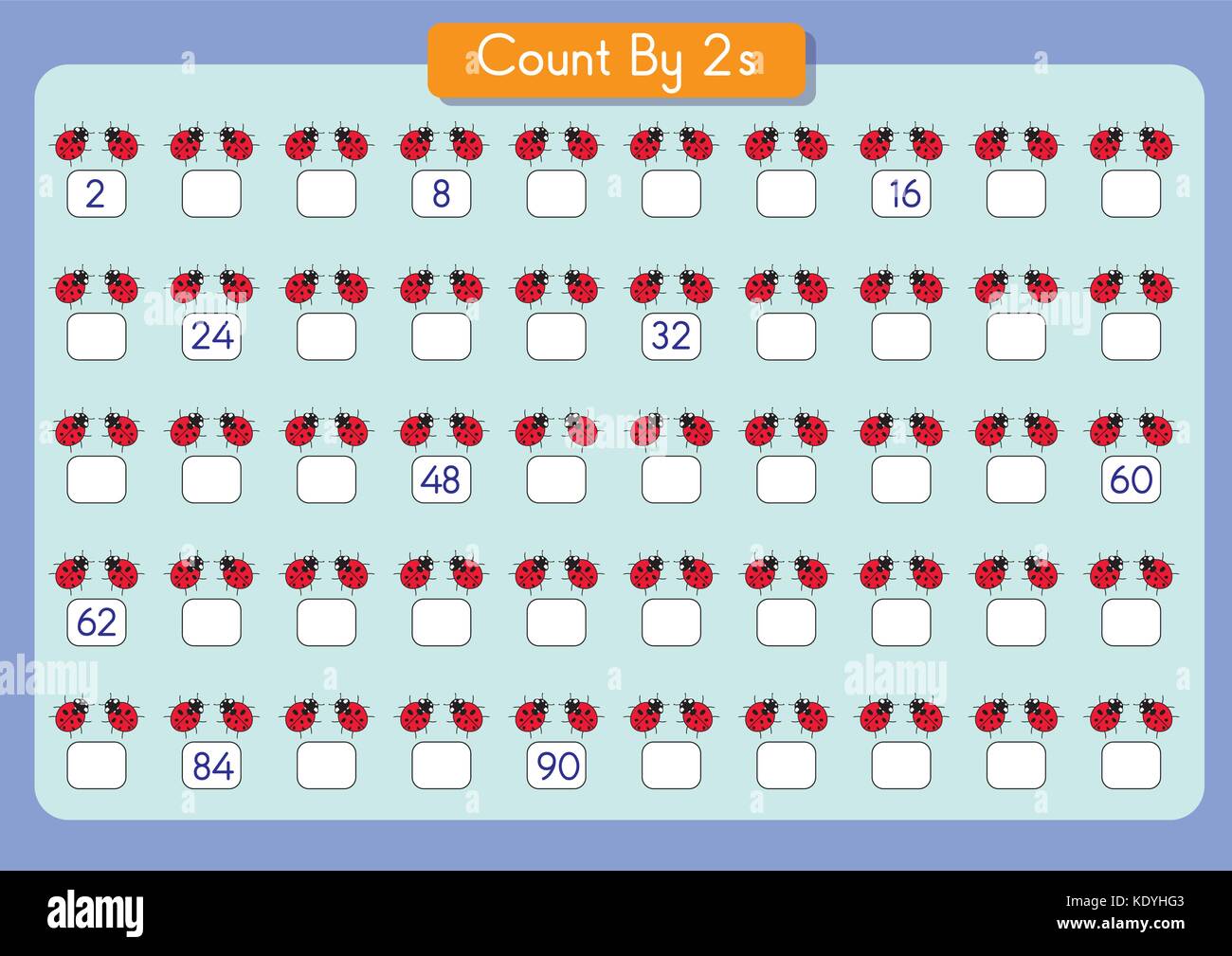 Conte a due a due pratica worksheet, scrivere i numeri mancanti, Illustrazione Vettoriale