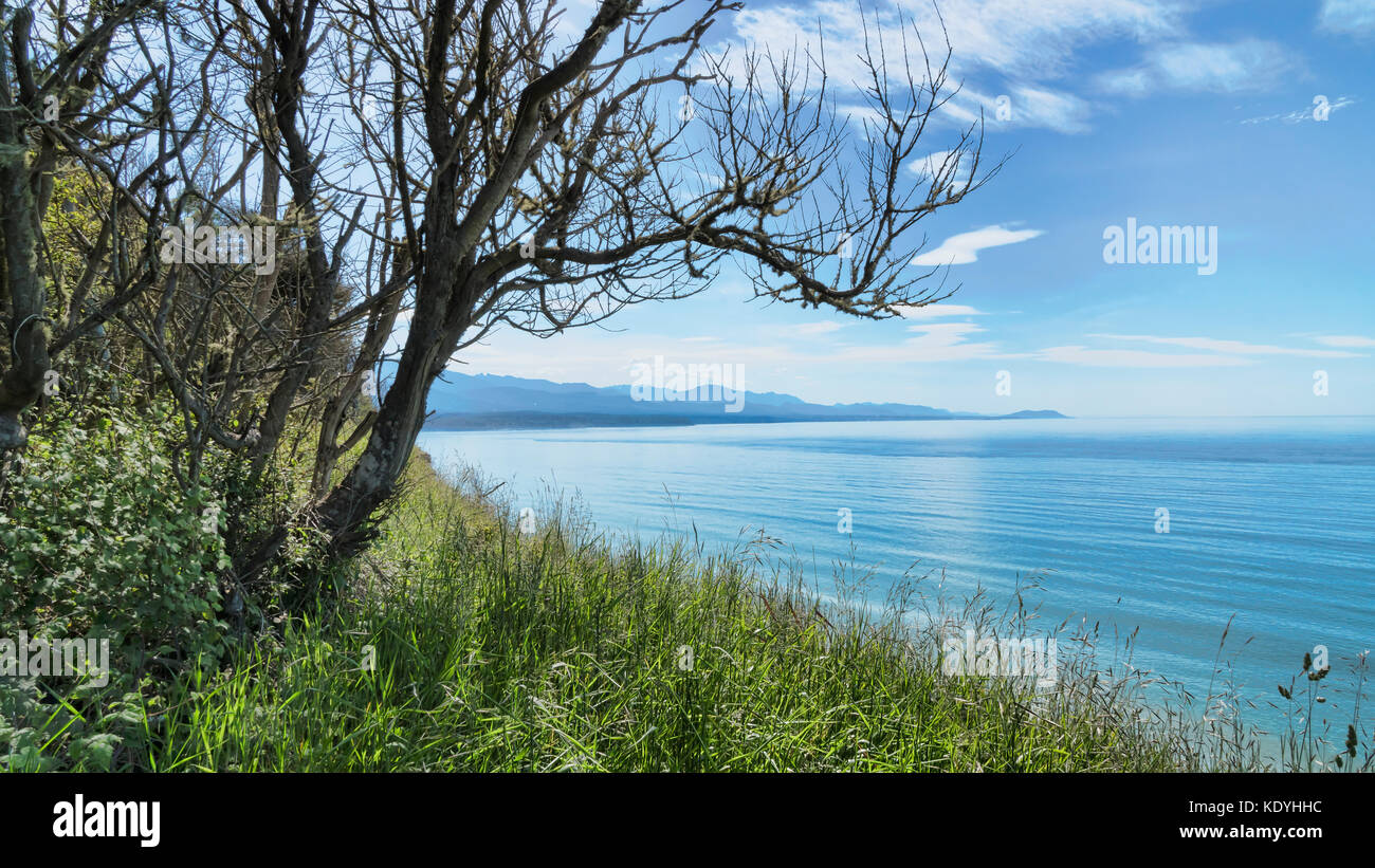 Stretto di Juan de fuca guardando ad ovest da dungeness Recreation Area, una contea di clallam parco vicino sequim nello stato di Washington. dungeness spit e dungen Foto Stock