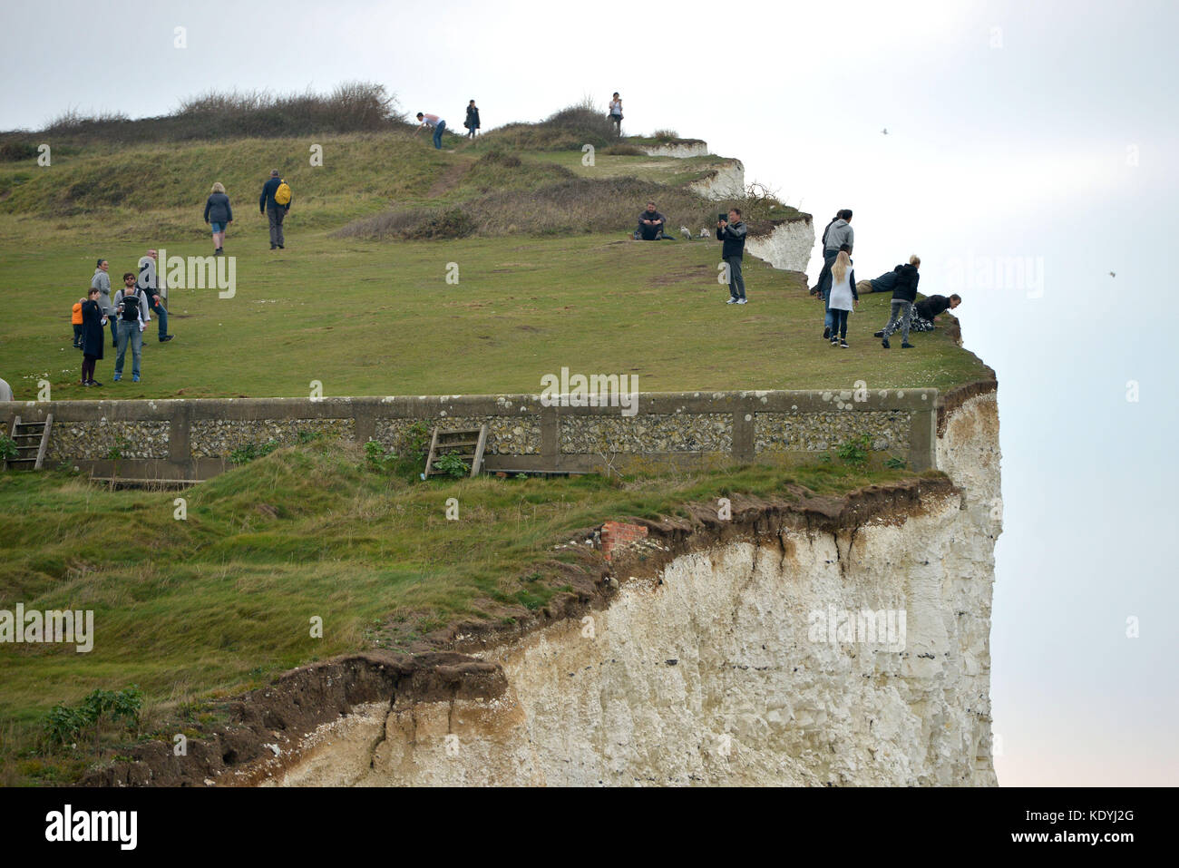 I turisti a rischiare la propria vita per selfies sul sbriciolamento chalk scogliere a Birling Gap, vicino l'iconica Sette sorelle, East Sussex. Foto Stock