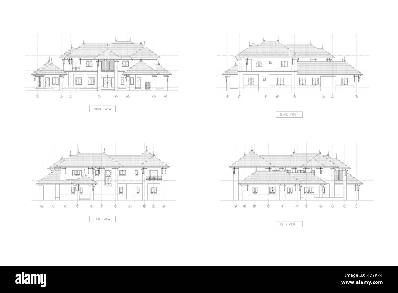 4 elevation disegno 3D tradizionale Thai House. Foto Stock