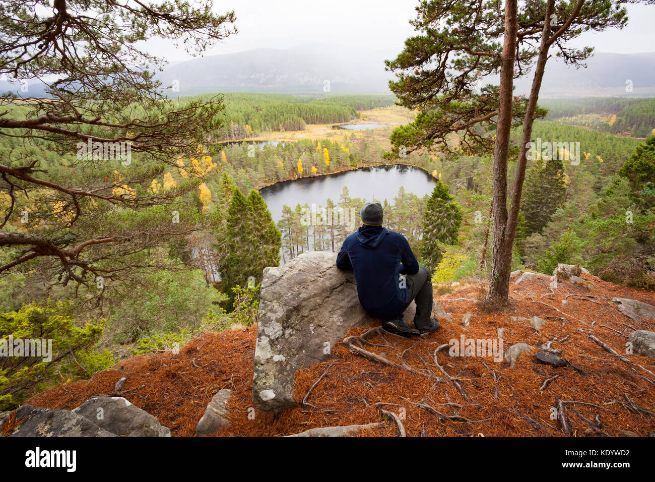 Vista dalla rupe Farleitter oltre il bellissimo paesaggio Cairngorm e Uath Lochan o Uath Lochans con Glen Feshie a metà distanza, Scotland, Regno Unito Foto Stock