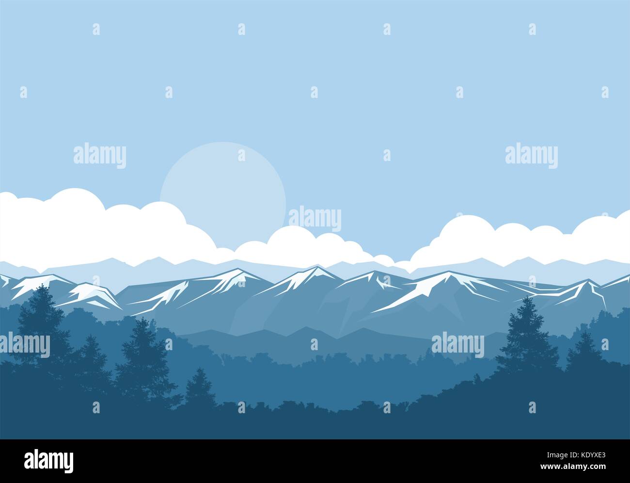 Montagne e foreste nebbiose paesaggio con cime innevate Illustrazione Vettoriale