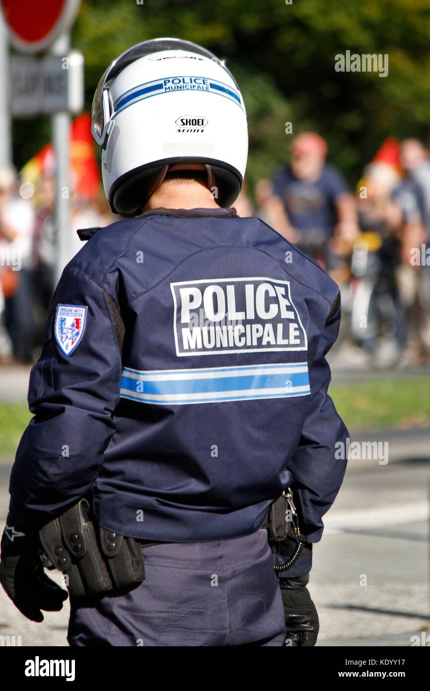 Illustrazione della polizia, le forze di sicurezza, la polizia municipale e un motociclo. grenoble, isere, Auvergne RHONE ALPES. grenoble, Francia Foto Stock