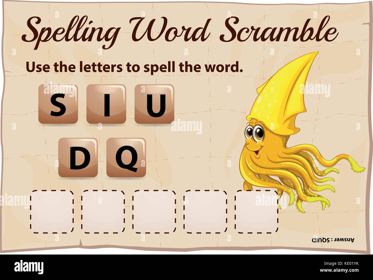 Parola di ortografia scramble modello di gioco per i calamari illustrazione Illustrazione Vettoriale