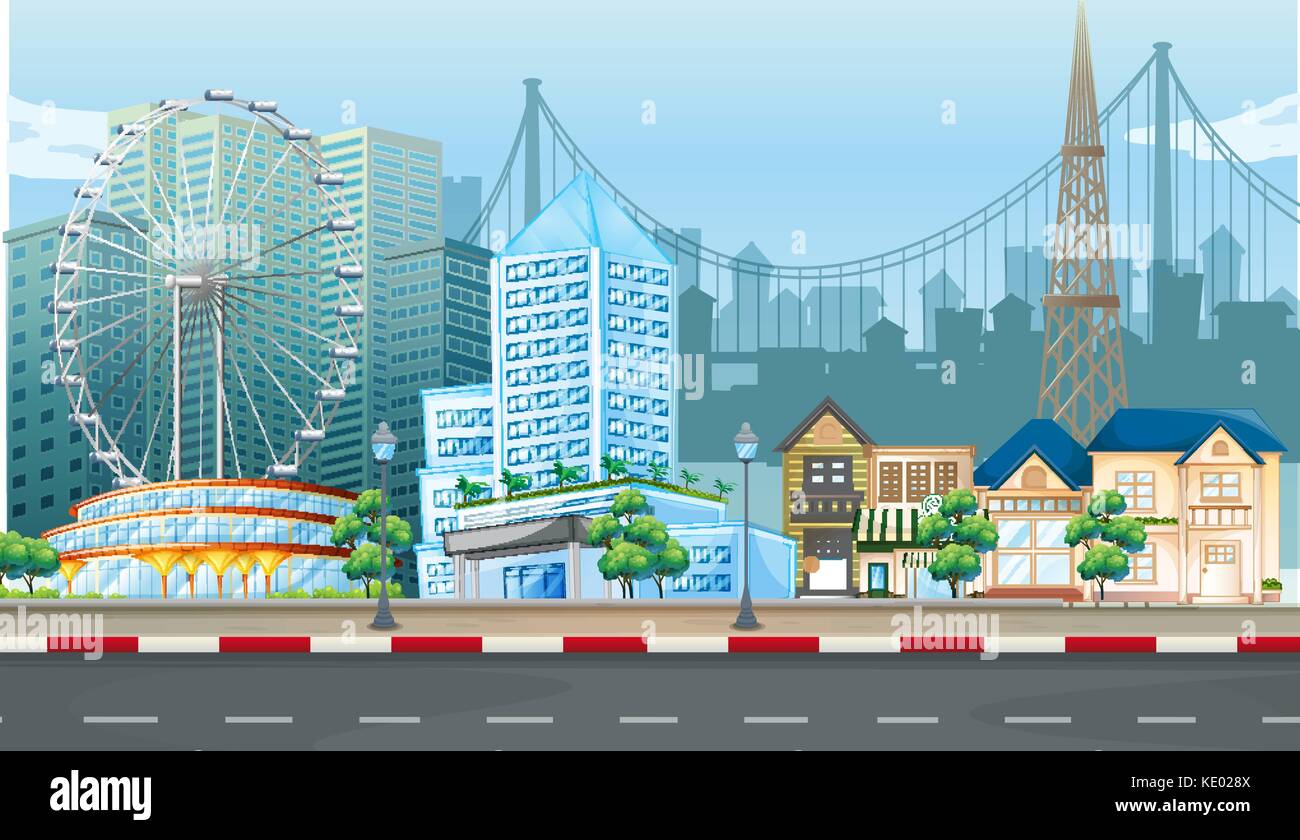 Città in scena con la ruota panoramica Ferris e illustrazione degli edifici Illustrazione Vettoriale