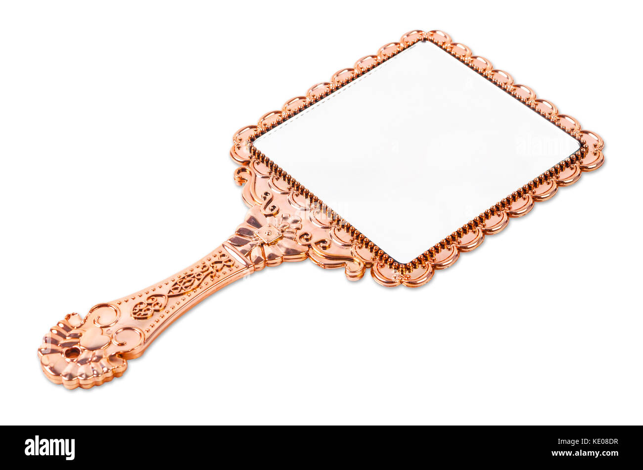 Oro rosa specchio mano isolati su sfondo bianco, salva percorso di clipping. Foto Stock