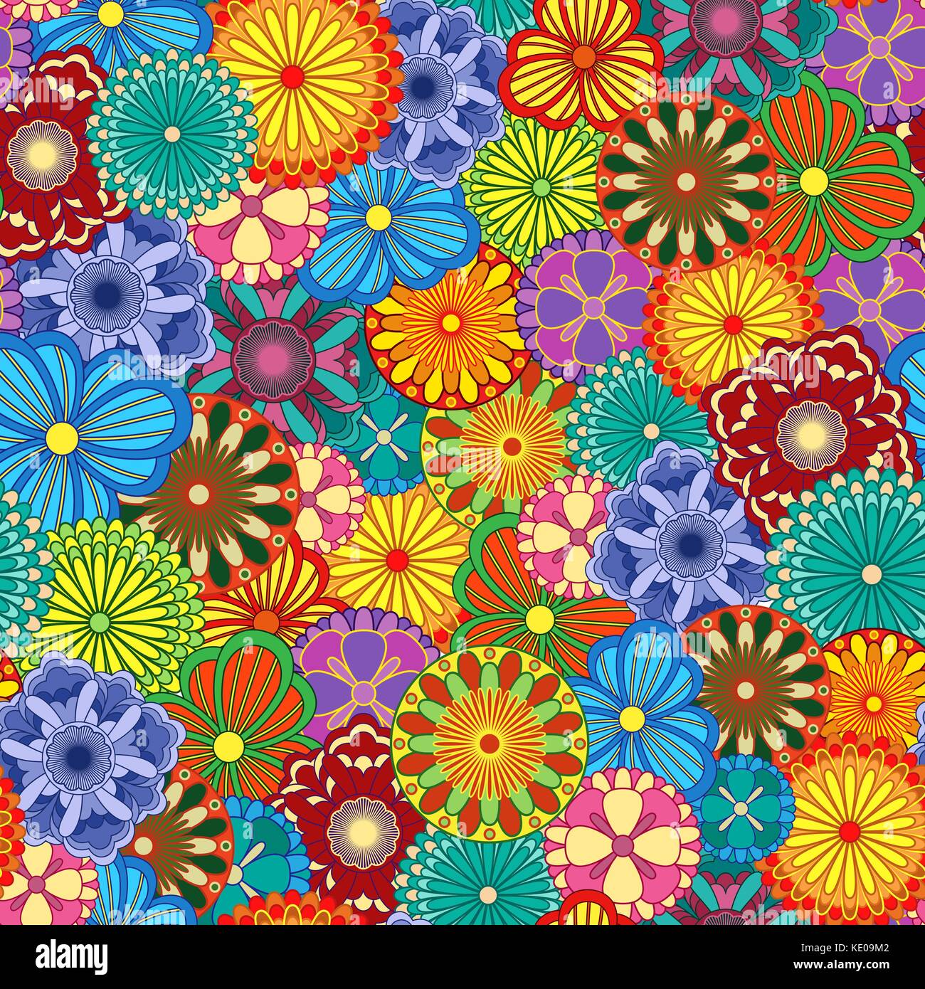 Floral seamless pattern con bright vivid vari motley coloratissimi fiori stilizzati, illustrazione vettoriale come un involucro di carta Illustrazione Vettoriale