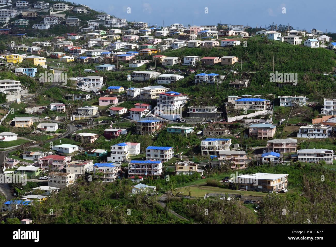 Vedute aeree dei danni causati dalle recenti uragani in Caneel Bay il 12 ottobre 2017. Foto Stock