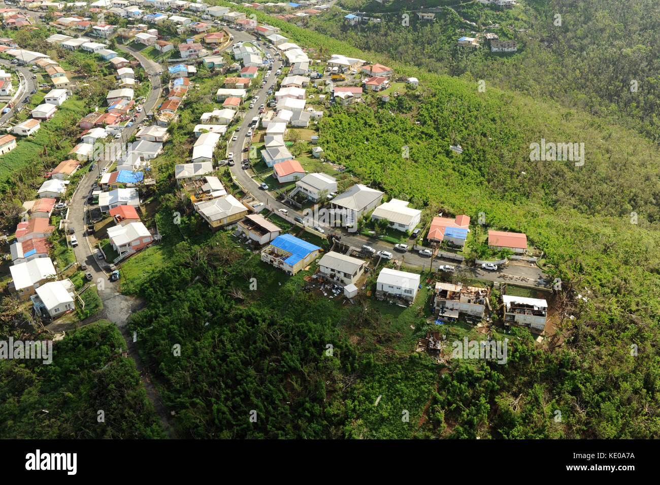 Vedute aeree dei danni causati dalle recenti uragani in Caneel Bay il 12 ottobre 2017. Foto Stock