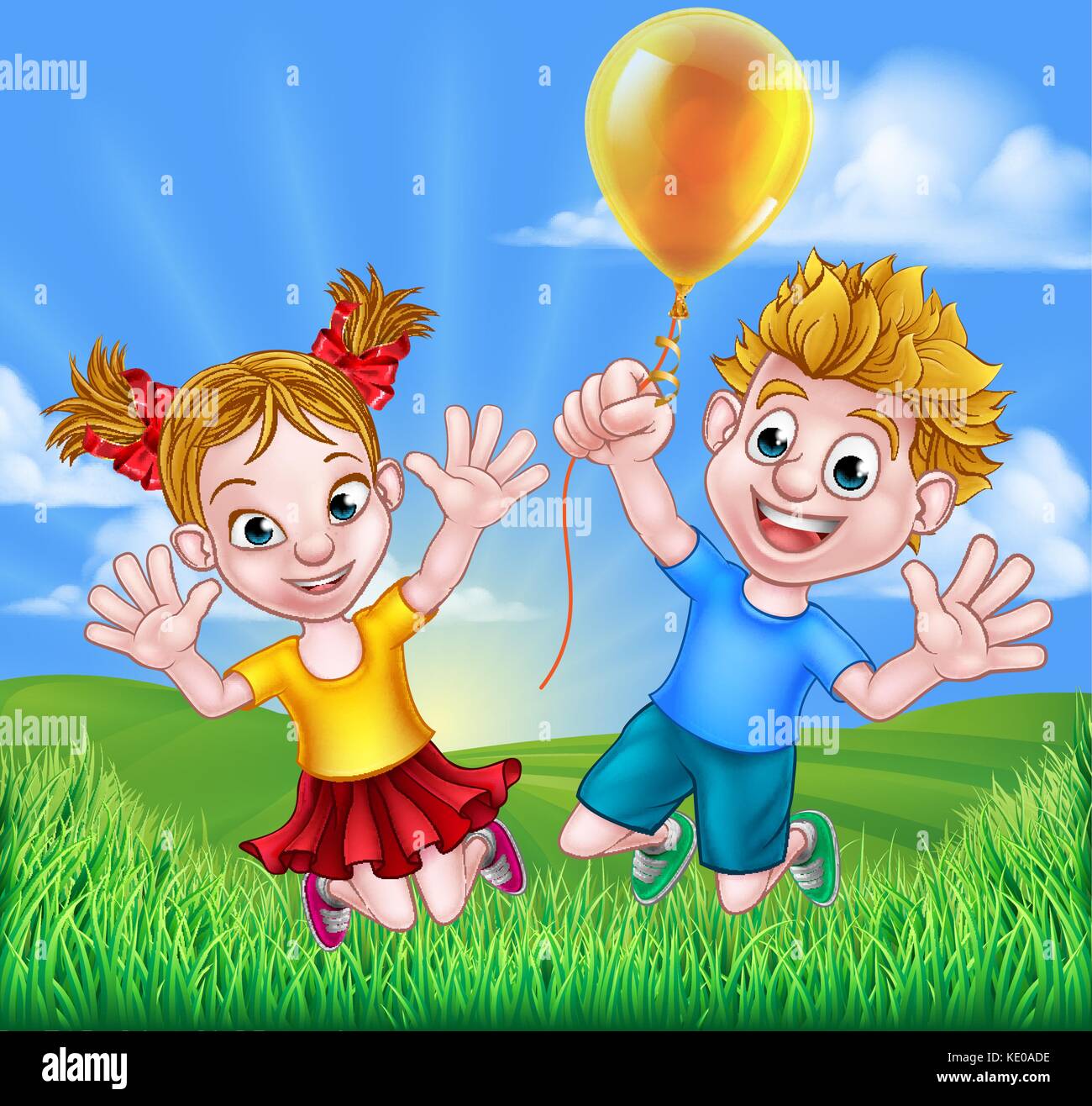 Cartoon Bambini all'aperto saltando con la mongolfiera Illustrazione Vettoriale