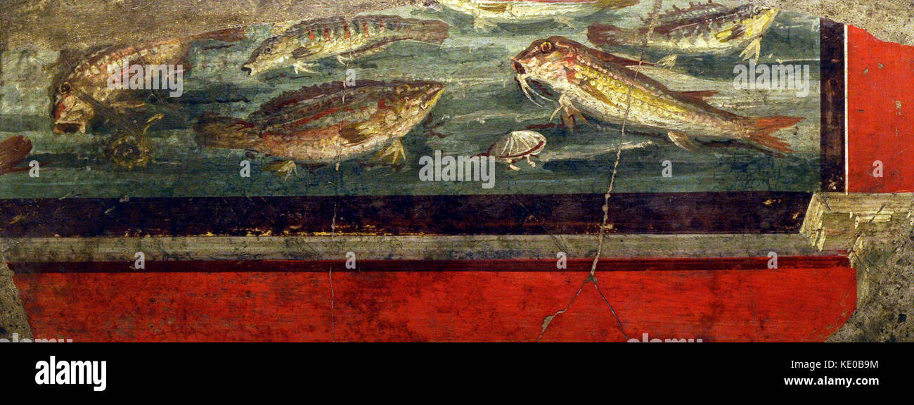 Fondo marino con pesci (triglia di scoglio, spigola e triglia) e frutti di mare. Metà del I secolo d.c. Parte di un grande dipinto murale. Da Pompei. Museo Archeologico Nazionale. Napoli. L'Italia. Foto Stock