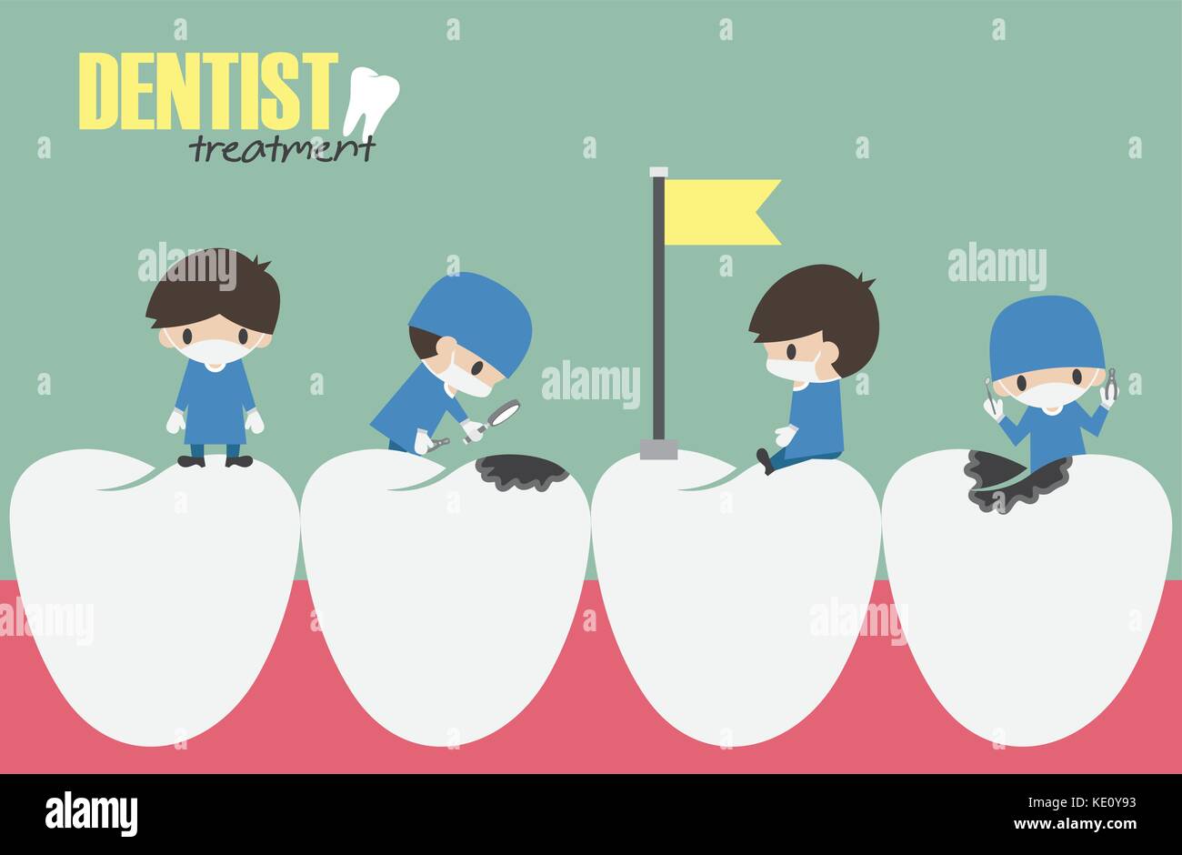 Dentisti check up dei vostri denti e cercando di carie dentarie . vector . design piatto . Illustrazione Vettoriale