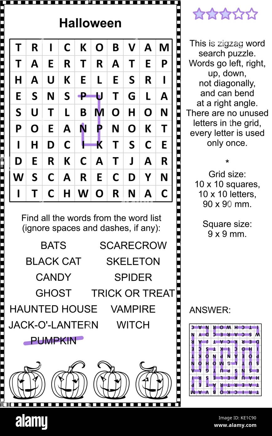 Halloween a tema vacanze a zig zag di puzzle di ricerca di parola (adatta sia per bambini che per adulti). Risposta inclusa. Illustrazione Vettoriale