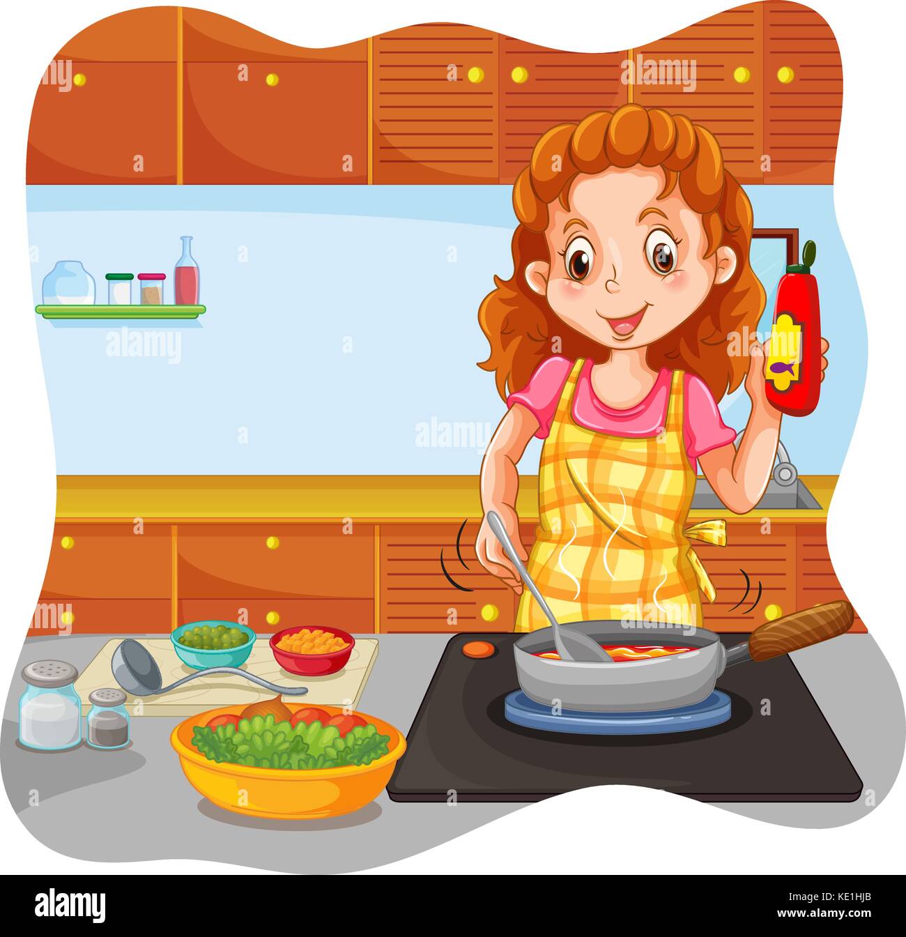 La donna la cucina in cucina illustrazione Illustrazione Vettoriale