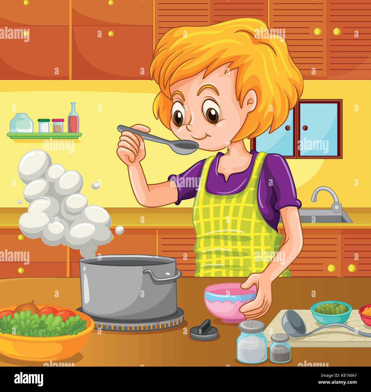 La donna la cucina in cucina illustrazione Illustrazione Vettoriale