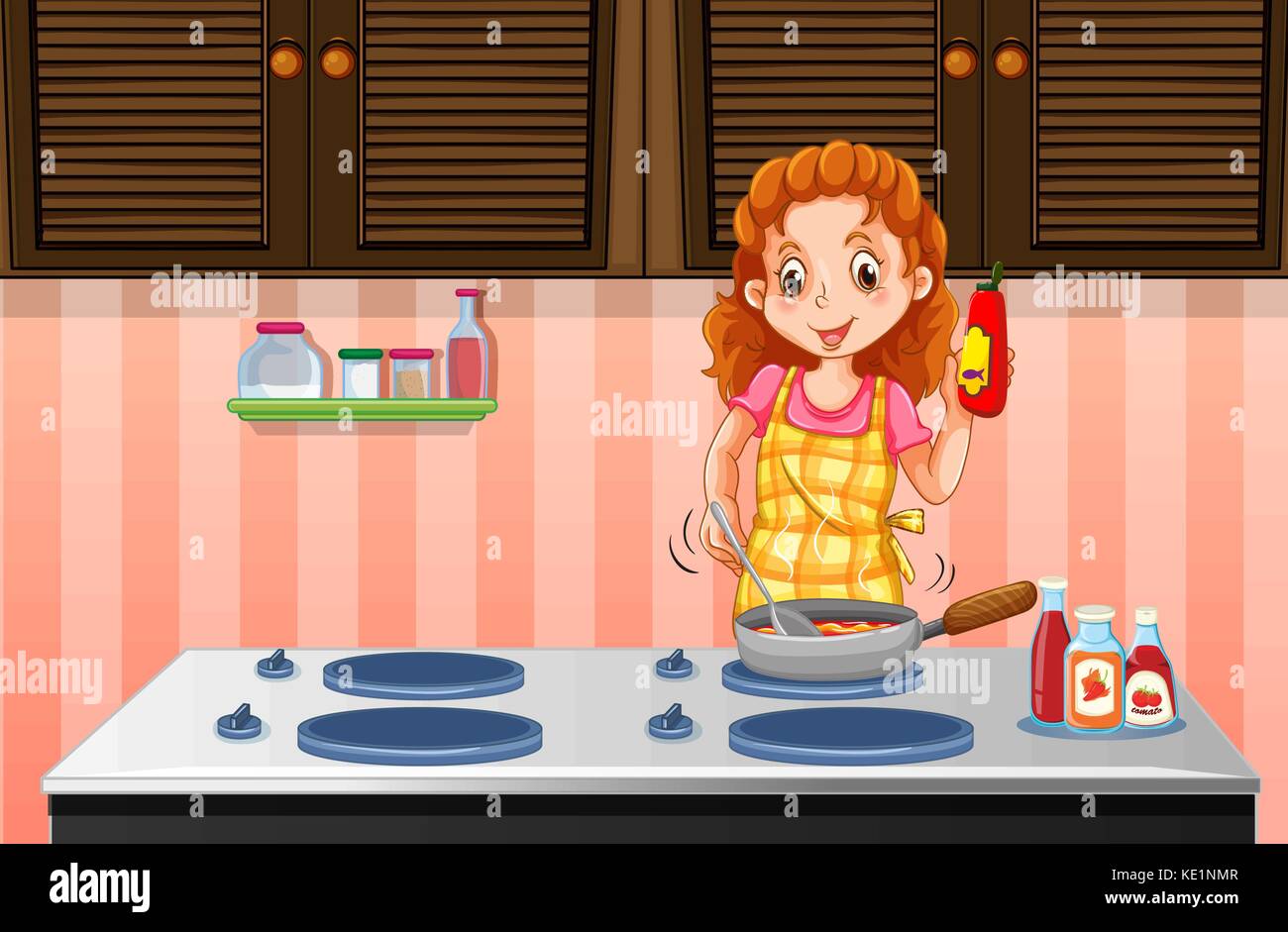 La donna la cucina in cucina illustrazione Illustrazione Vettoriale