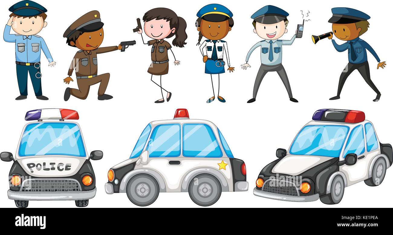 Gli agenti di polizia e auto della polizia illustrazione Illustrazione Vettoriale