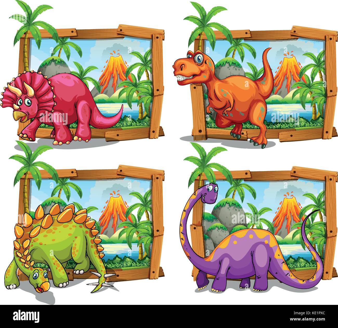 Quattro dinosauri in cornice di legno illustrazione Illustrazione Vettoriale