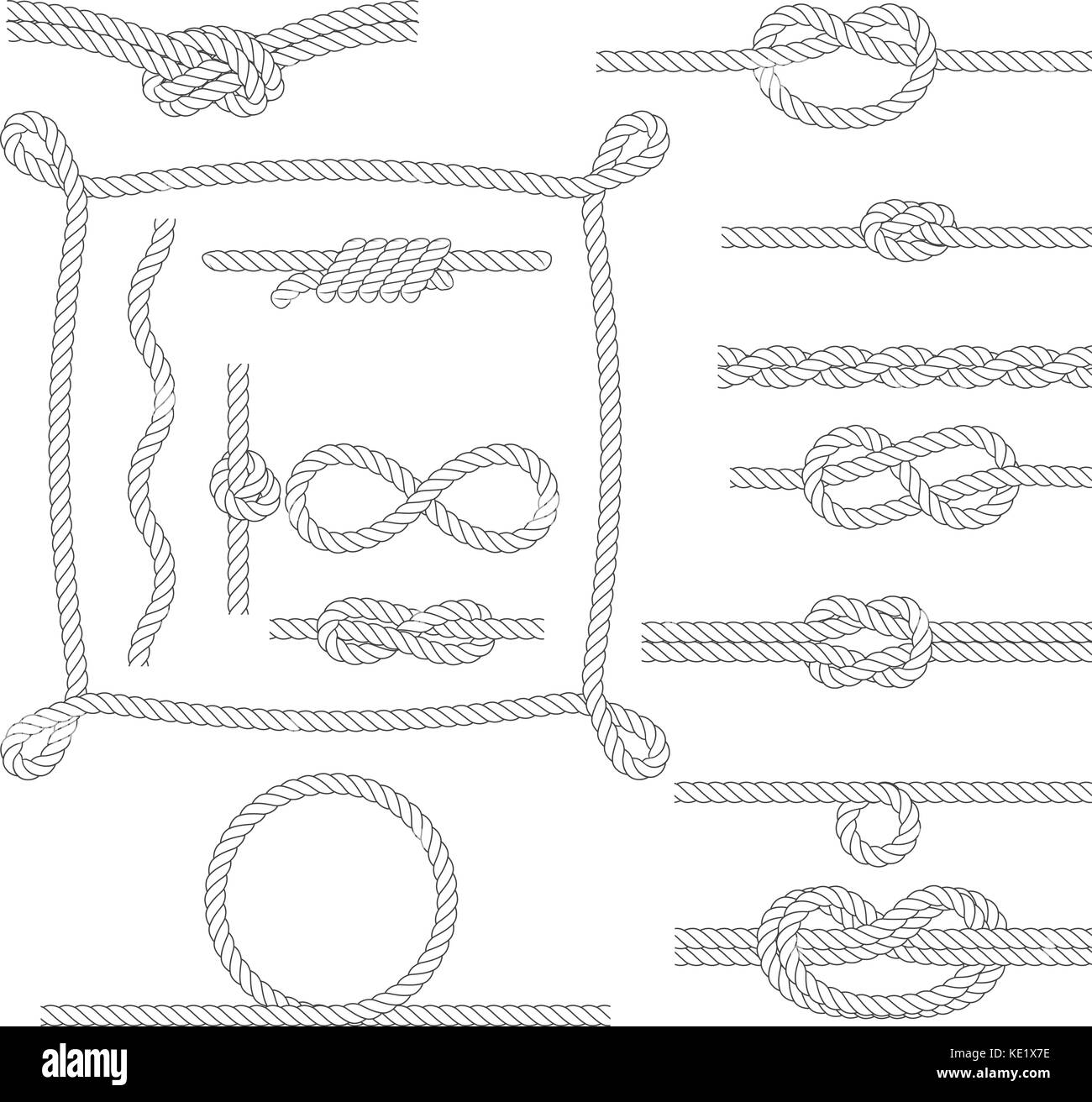 Figurato telai di corda, nodi, bordi e angoli Illustrazione Vettoriale