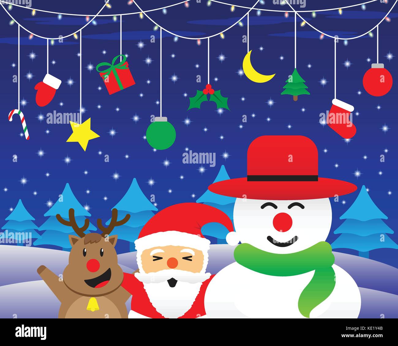 Buon Natale, carino di renne, paffuto santa claus, e paffuto pupazzo è felicemente in piedi sotto la luce di natale ed appendere degli animali sulla neve di notte Illustrazione Vettoriale