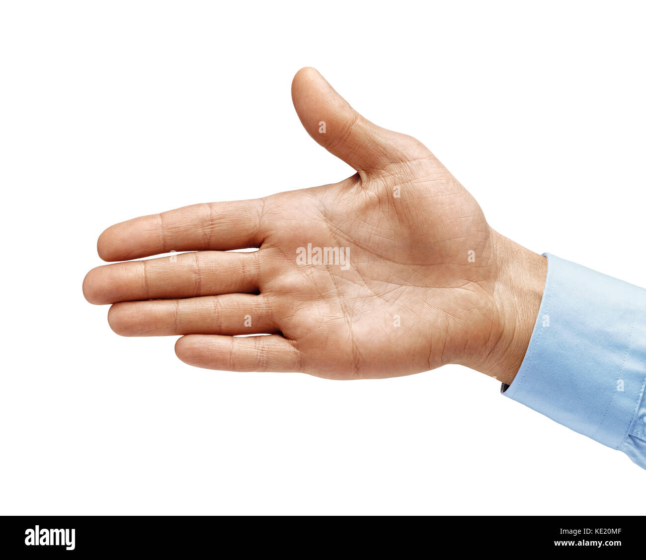 Mano d'uomo in una camicia proteso nel saluto isolati su sfondo bianco. close up. dei prodotti ad alta risoluzione Foto Stock