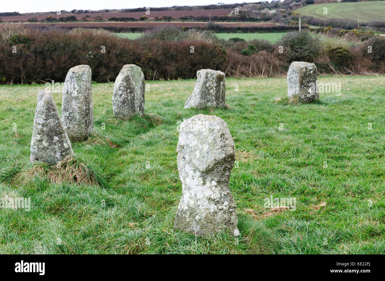 " Le allegre fanciulle " un tardo neolitico cerchio di pietra vicino a st.buryan in Cornovaglia, Inghilterra, Regno Unito. Foto Stock