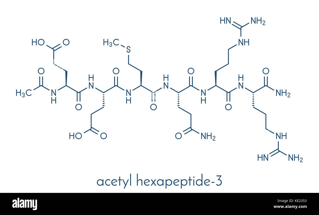 Acetil Esapeptide-3 (argireline) molecola. Frammento peptidico di SNAP-25. usati in cosmetica per il trattamento di rughe. formula scheletrico. Illustrazione Vettoriale