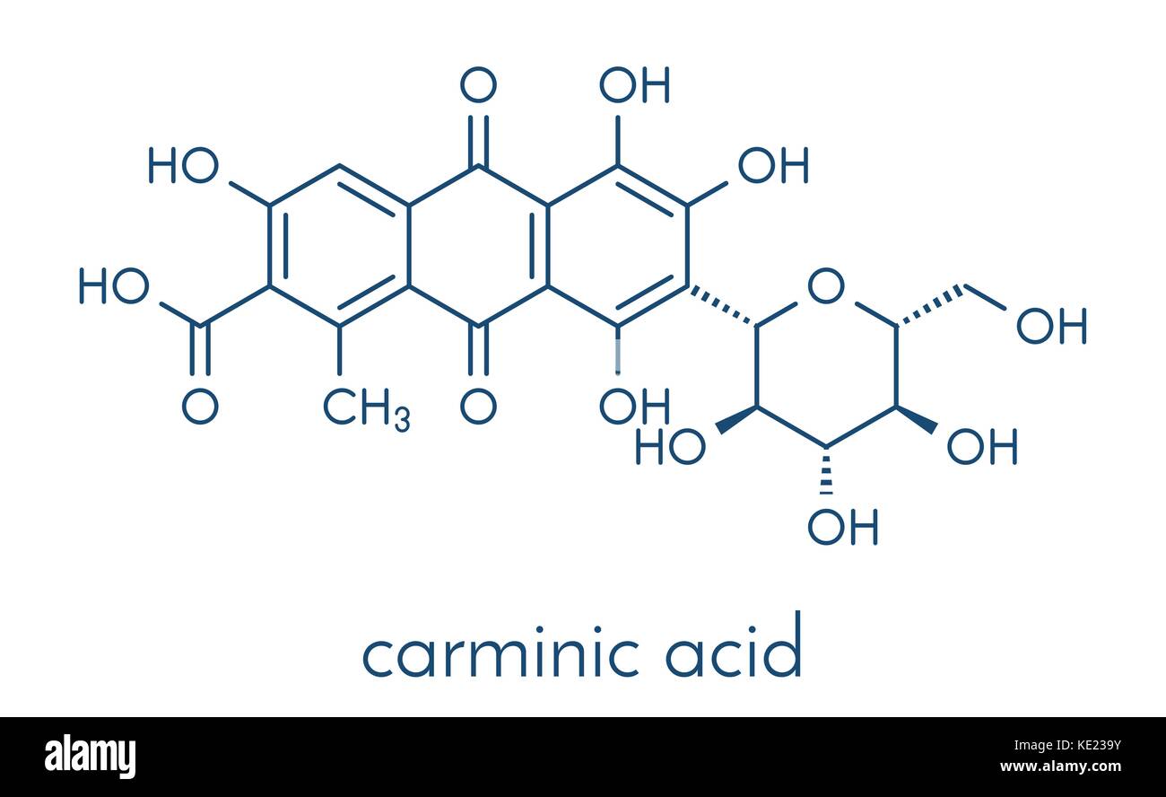 Acido carminic molecola di pigmento. avviene naturalmente con la cocciniglia (scala insetto). formula scheletrico. Illustrazione Vettoriale
